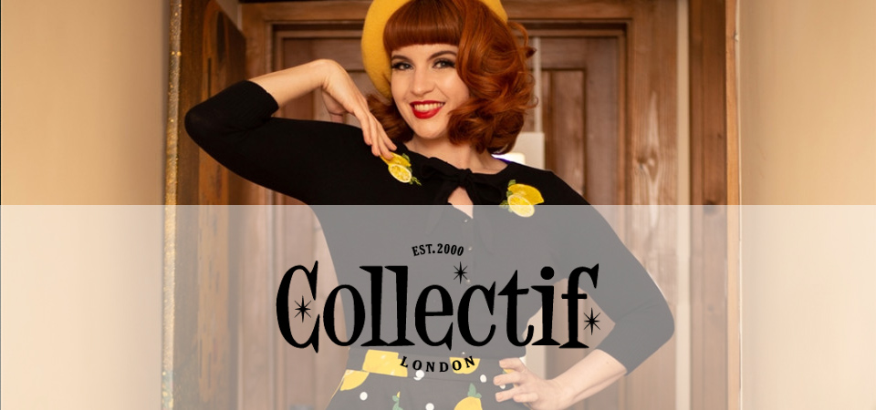 Eine Frau trägt einen Rock mit Zitronenprint und einen passenden Cardigan, Logo der Marke Collectif