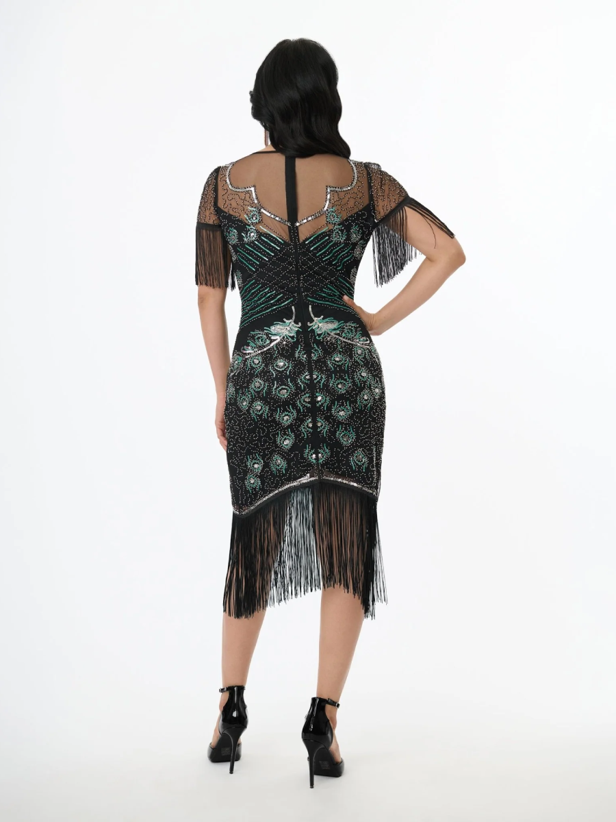 Unique Vintage 20er Jahre Kleid Nadine Flapper Dress Black Teal Peacock