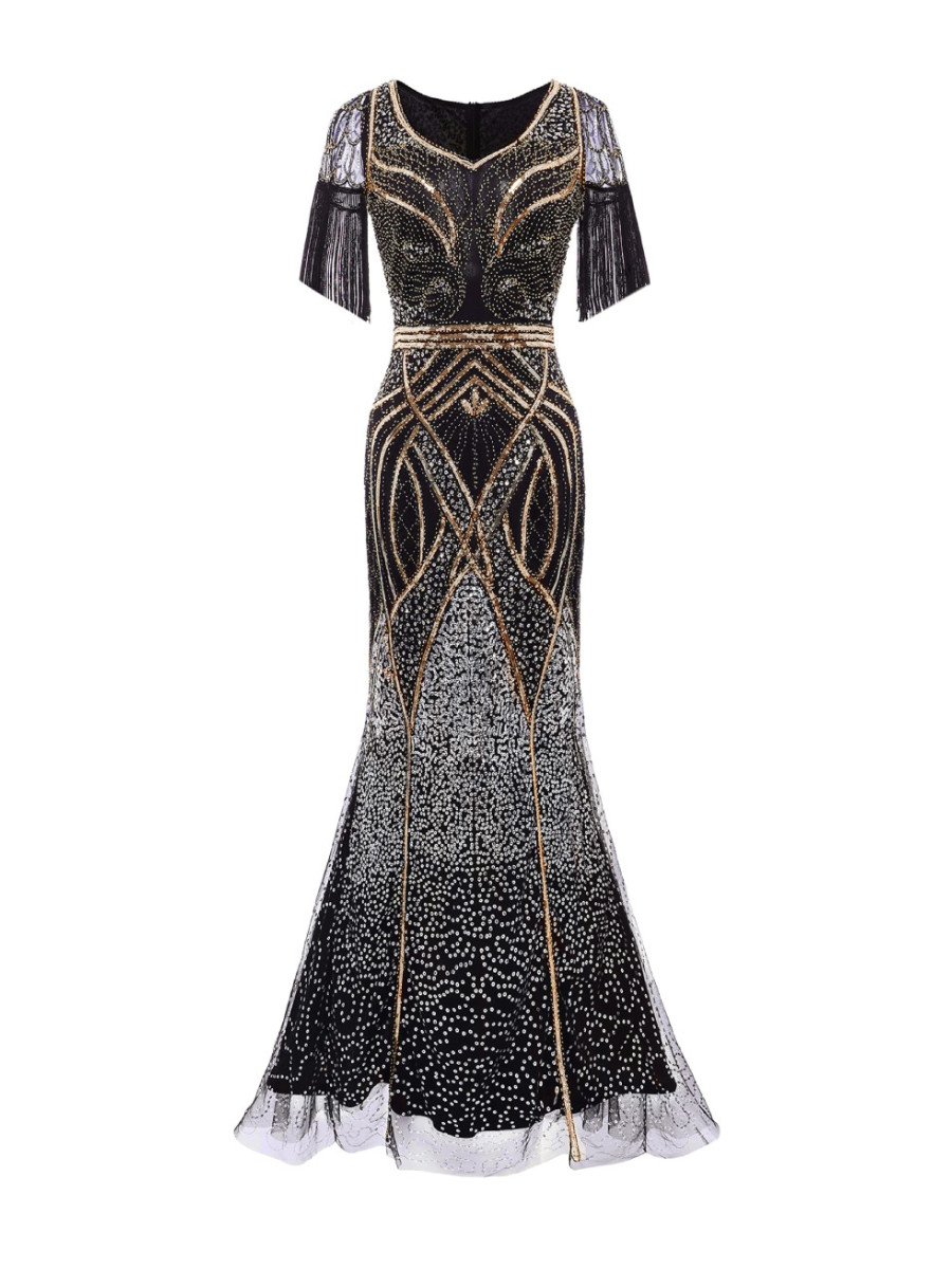Babeyond 20er Jahre Maxikleid Mermaid Hem Maxi Cocktail Dress schwarz gold