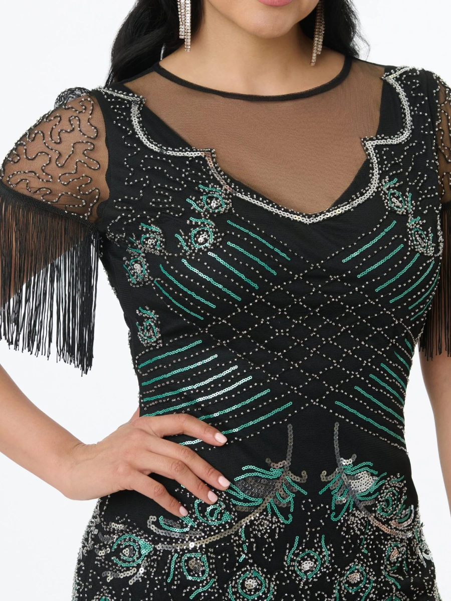 Unique Vintage 20er Jahre Kleid Nadine Flapper Dress Black Teal Peacock