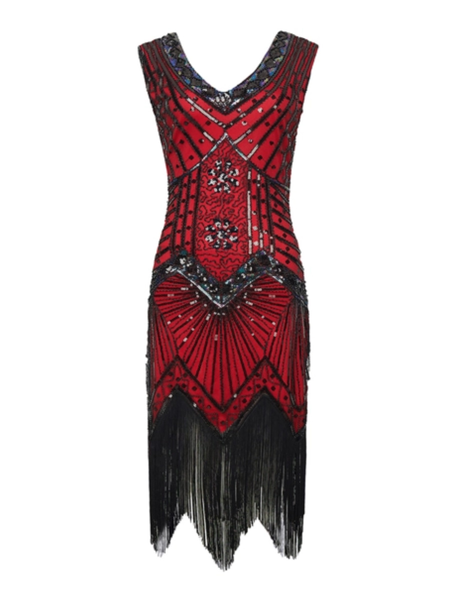 20er Jahre Kleid Sleeveless Flapper Dress Dark Red Black