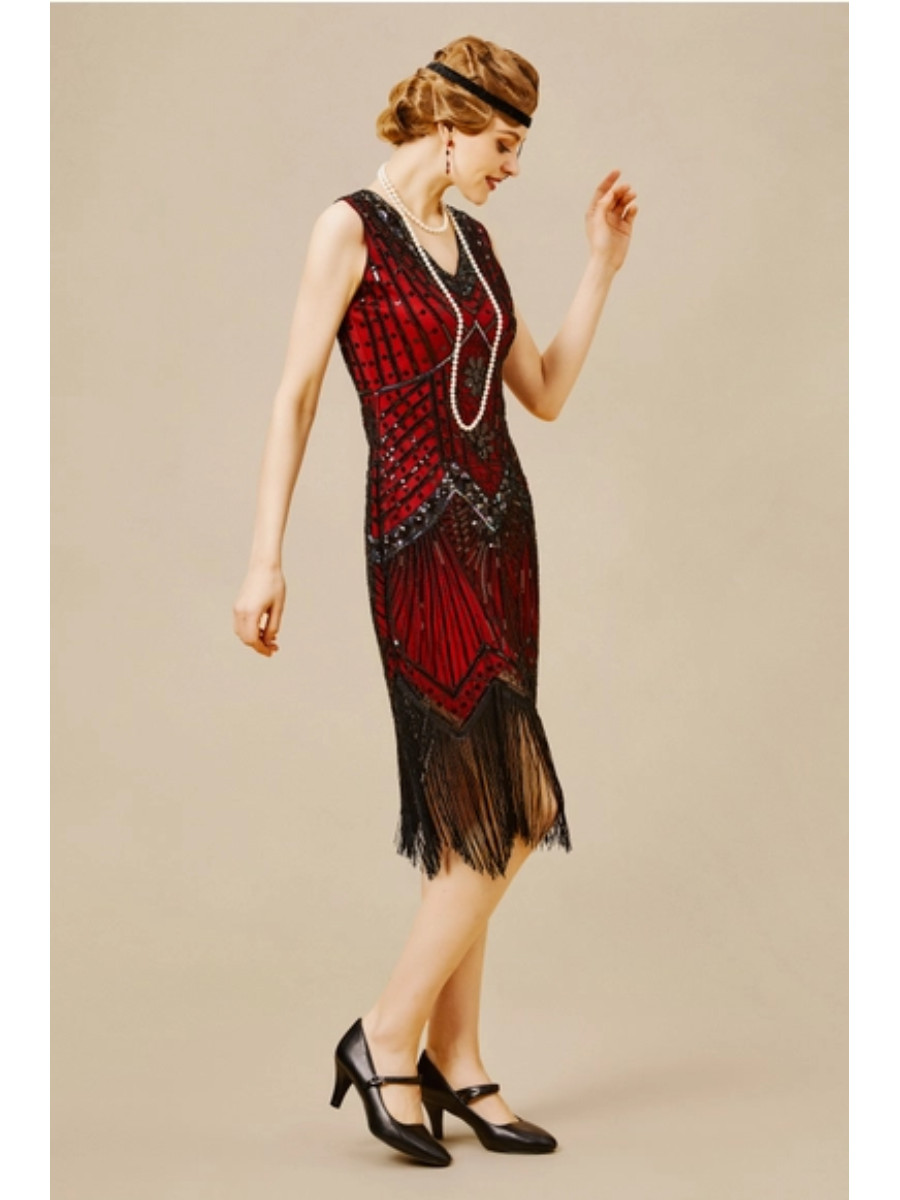 20er Jahre Kleid Sleeveless Flapper Dress Dark Red Black