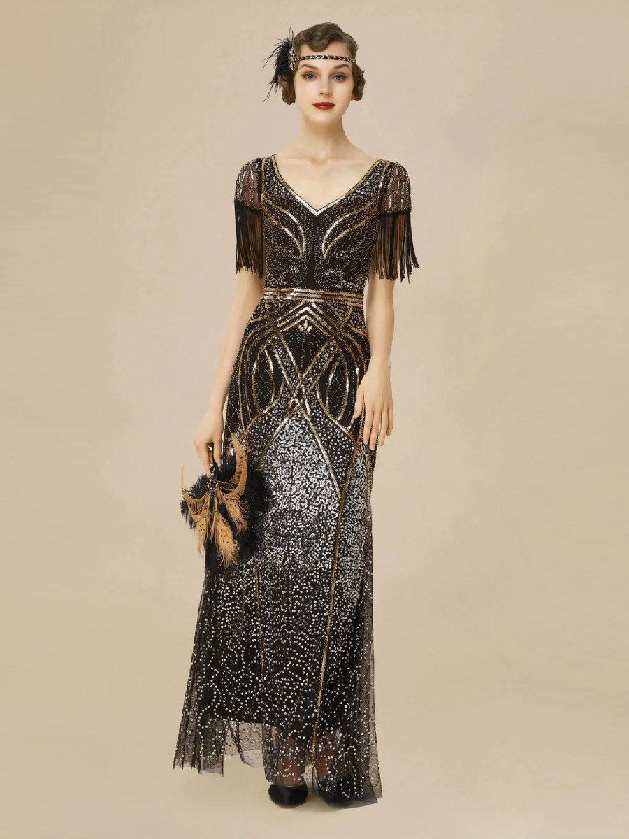 Babeyond 20er Jahre Maxikleid Mermaid Hem Maxi Cocktail Dress schwarz gold