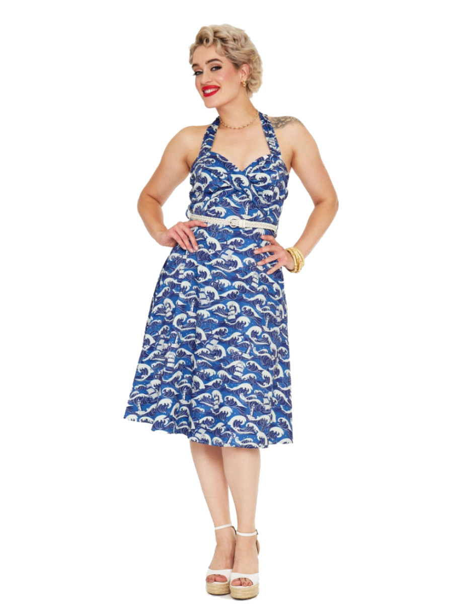 Voodoo Vixen Kleid Blue Nautical Wave Print Halter Dress