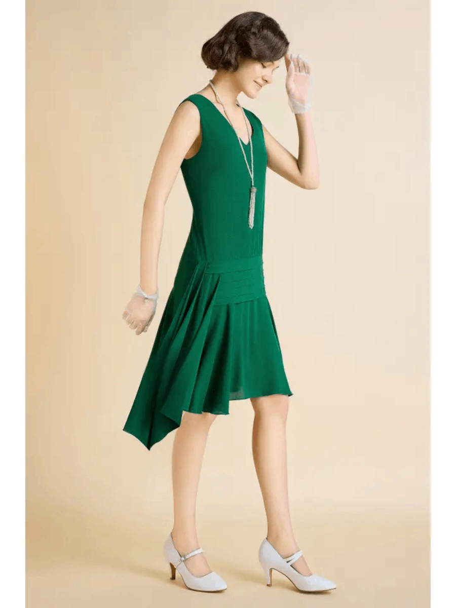 20er Jahre Kleid Irregular Ribbon Pleated Day Dress grün