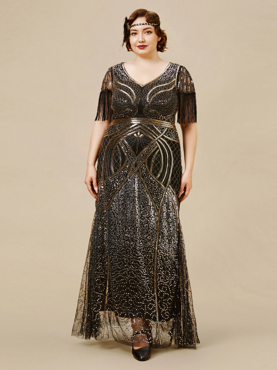 Babeyond 20er Jahre Maxikleid Mermaid Hem Maxi Cocktail Dress schwarz gold
