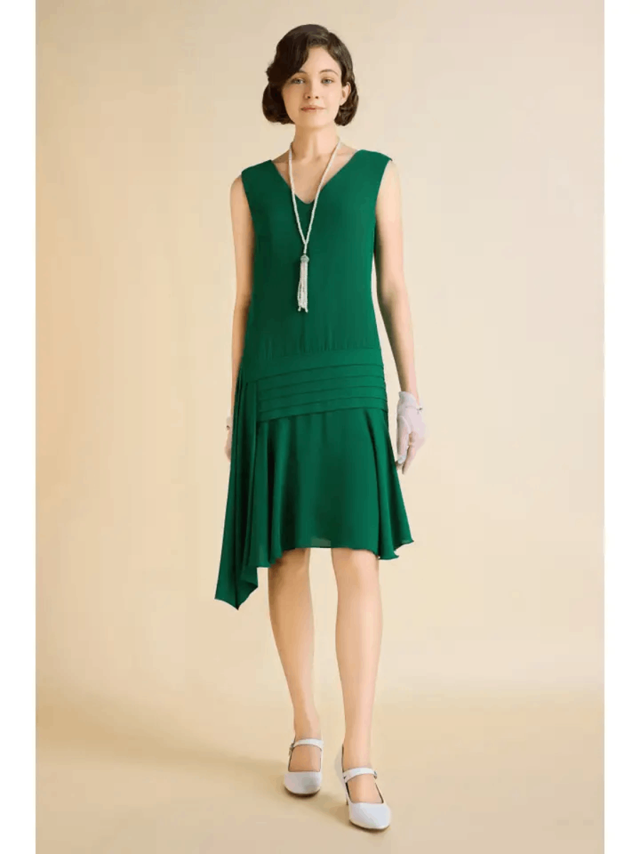 20er Jahre Kleid Irregular Ribbon Pleated Day Dress grün