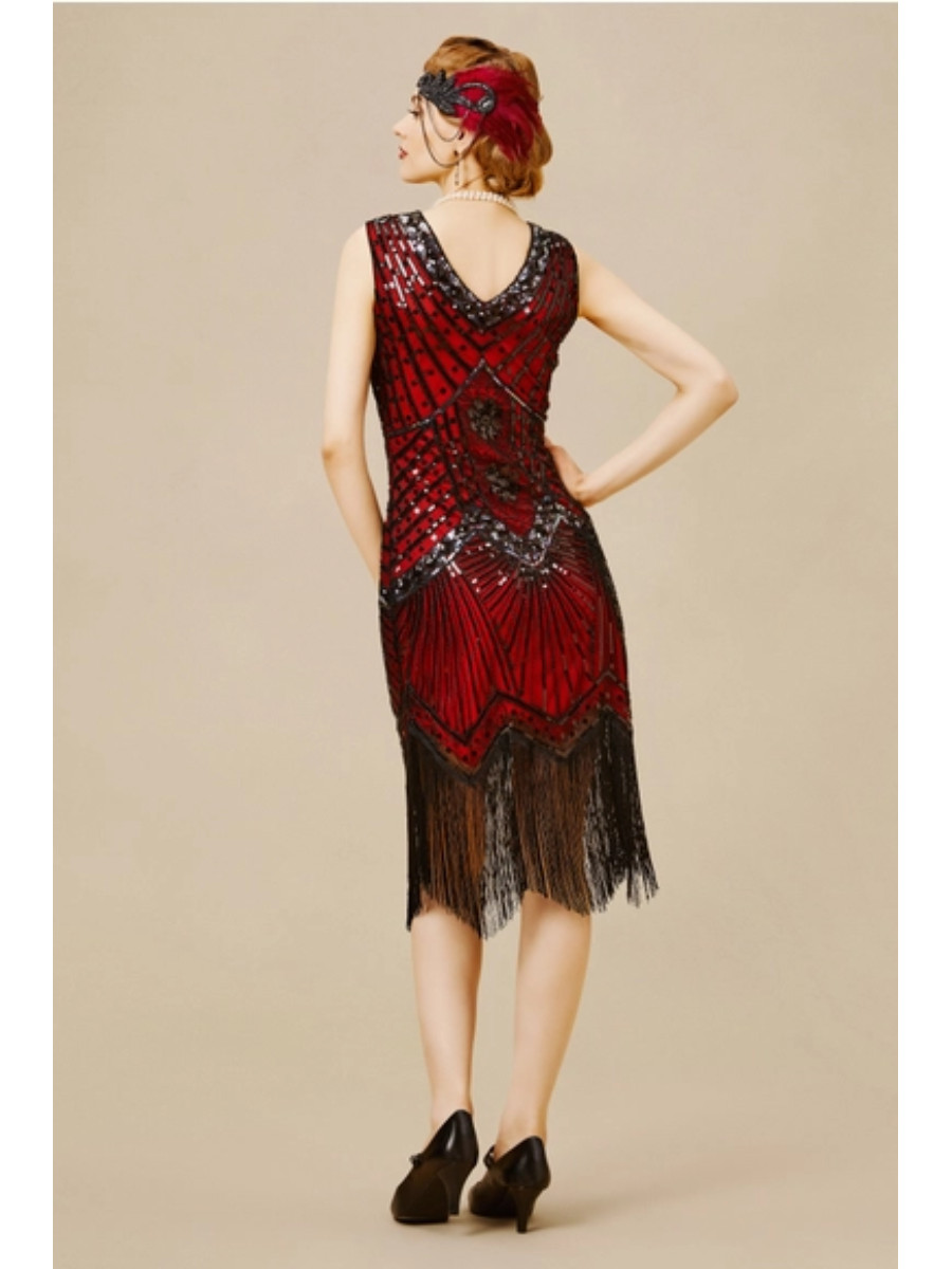 20er Jahre Kleid Sleeveless Flapper Dress Dark Red Black