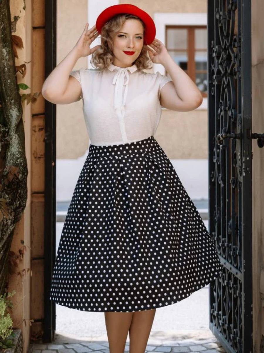 Dolly & Dotty Rock Rochelle High Waist Polka Dot Skirt Black