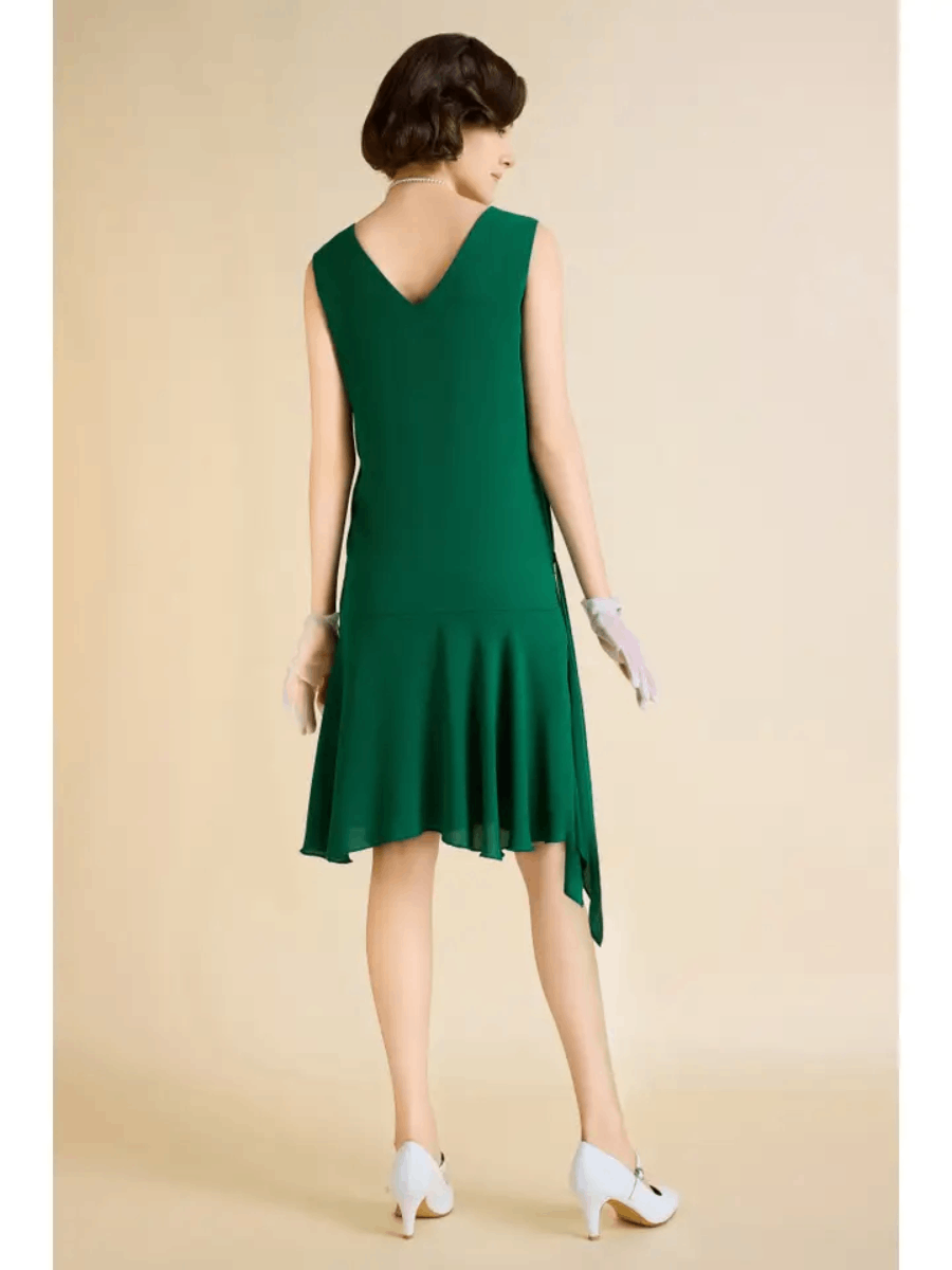20er Jahre Kleid Irregular Ribbon Pleated Day Dress grün